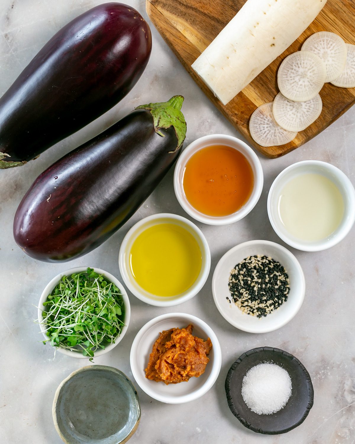 Ingredients to make miso glazed aubergine