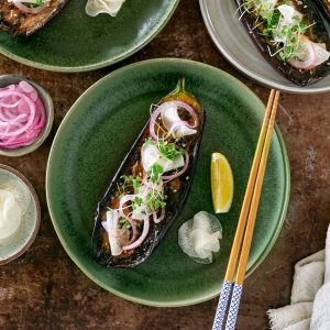 Miso glazed eggplant plated