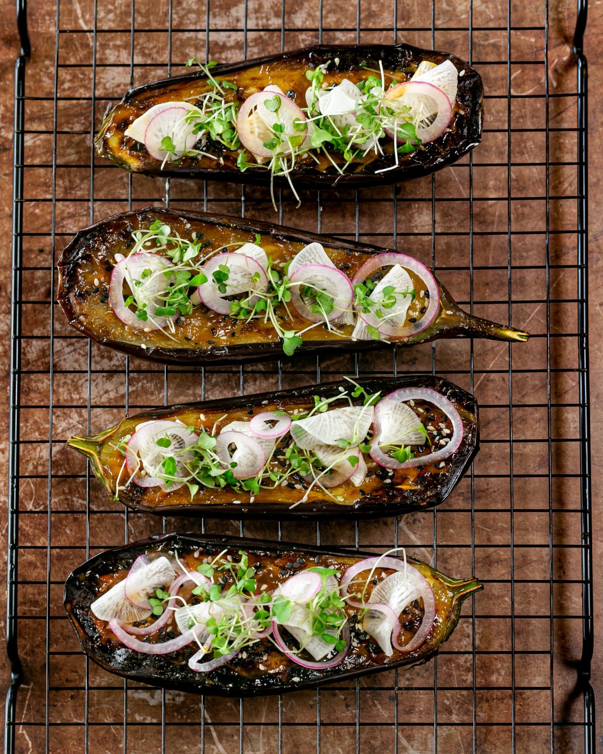 Miso glazed eggplant with garnish