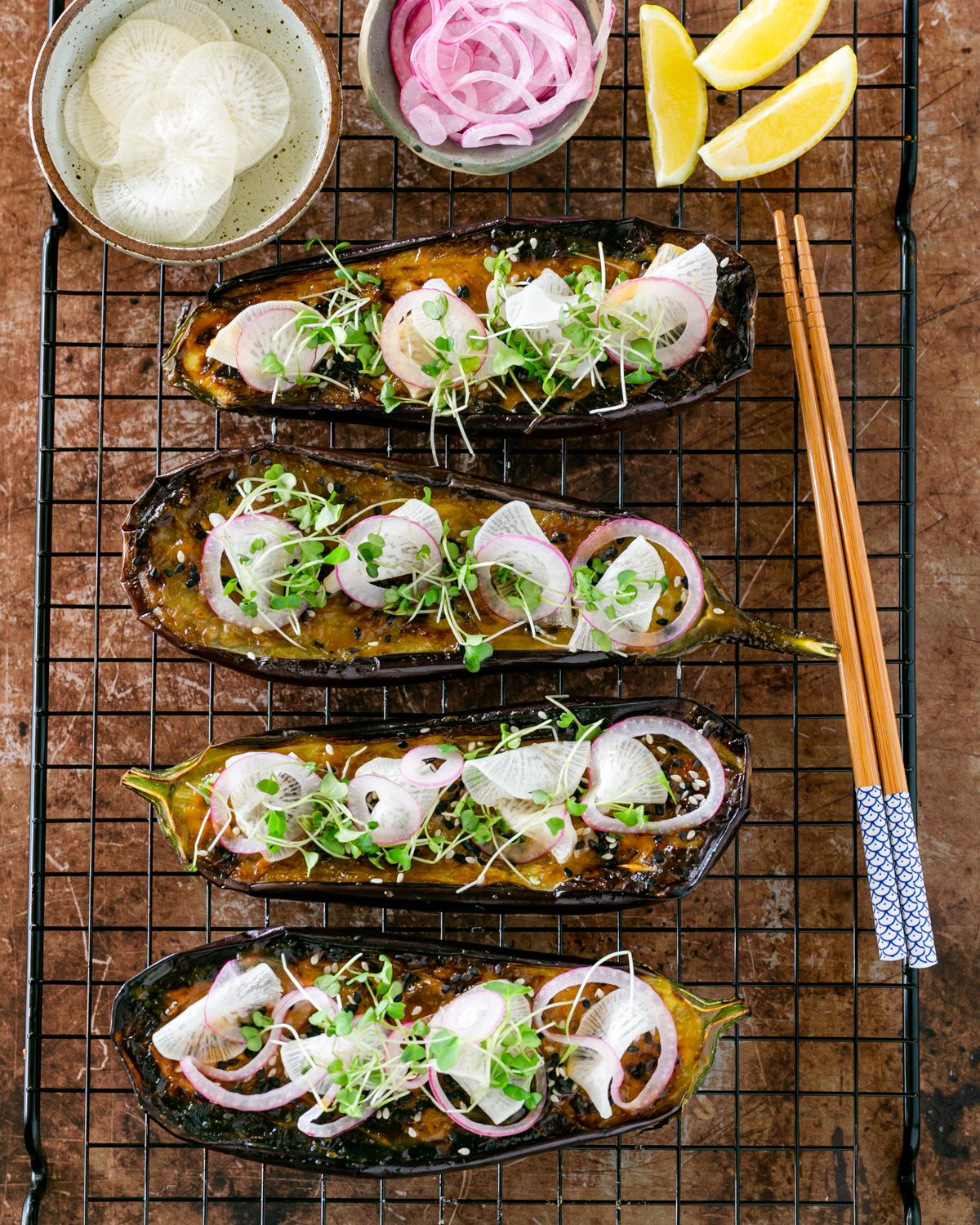 Miso glazed eggplants on a cooling tray
