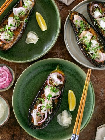 Miso glazed aubergine served as an appetiser