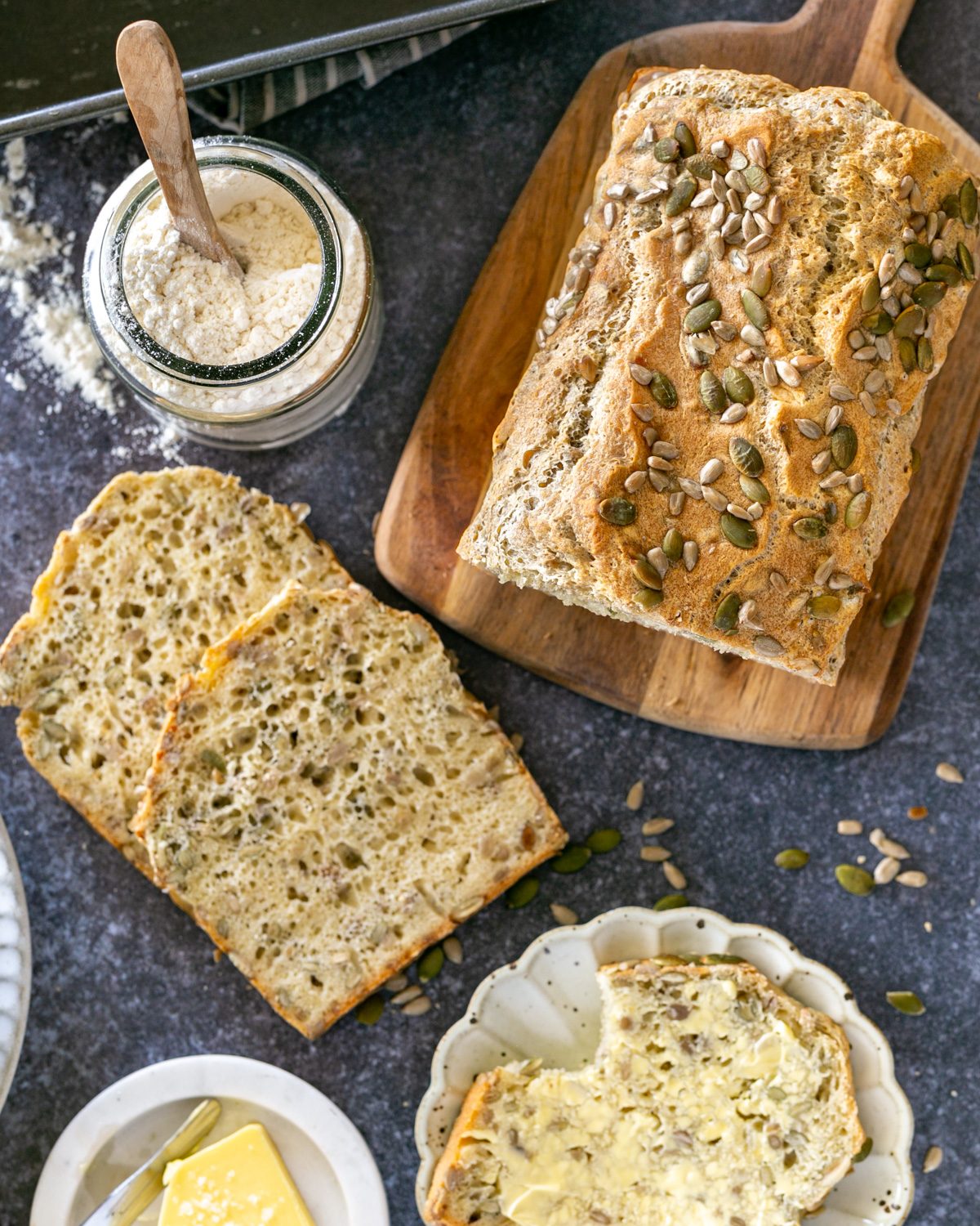 Sliced spelt bread with butter